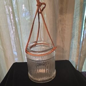 Primitive Hanging Candle Glass Votive Jar Leather Strap Ribbed Glass 5 Inch Tall
